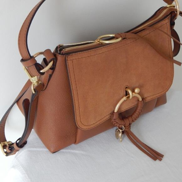 See By Chloe Joan Leather Suede Flap Top Zip Caramel Shoulder Bag Authentic NWT - Picture 7 of 16